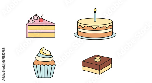 Set of four delicious desserts cake slice cupcake full cake and square pastry vector