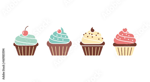 Delicious assortment of four colorful cupcakes with frosting and toppings vector