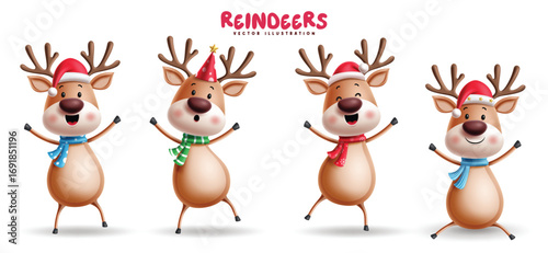 Christmas Reindeer characters clipart set design. Reindeers cute cartoon character clip art collection with horn, wearing Santa hat and scarf in standing, waving and cheerful brown antler mammal 