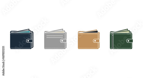 Collection of four diverse wallets showing different styles and colors for fashion and finance vector