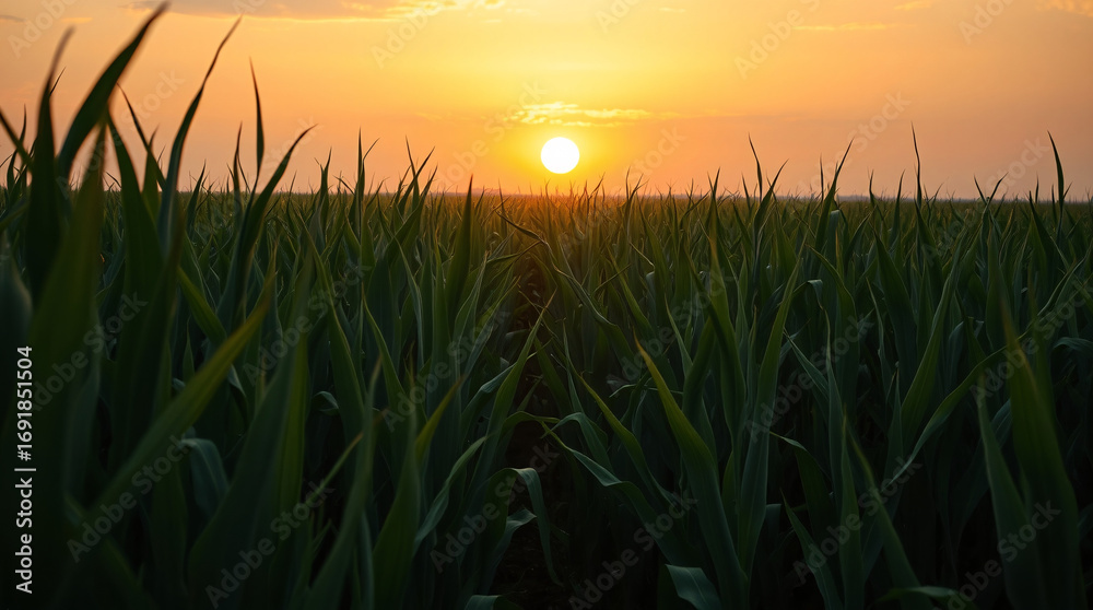 Fototapeta premium The Solitary Orange Sun Sinking Over the Horizon, Its Final Rays Kissing the Tops of the Cornstalks