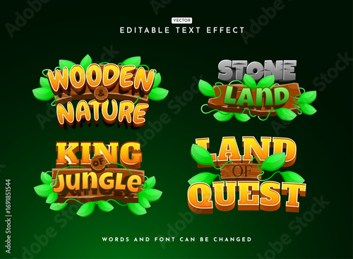 Set of 3D Fun and Playful Jungle Nature Game Logo Editable Text Effects — Wood Frame, Stone, and Leaf Style Templates for Adventure and Cartoon Design