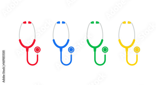 Four colorful stethoscopes arranged side-by-side showing medical equipment variety vector