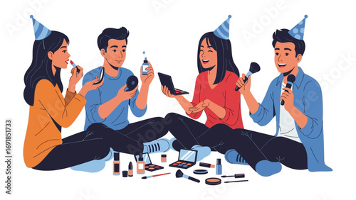 Four young adults wearing party hats applying makeup and celebrating a birthday or special occasion together with cosmetics spread out
