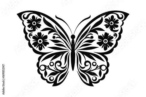 Butterfly with intricate wing patterns surrounded by elegant flowers forms a beautiful monochrome artwork