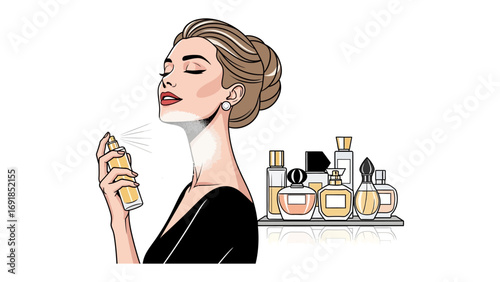 Elegant woman with eyes closed applying perfume from a golden bottle surrounded by a collection of luxurious fragrance bottles on a shelf evoking beauty and sophistication