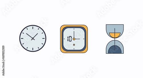Three distinct timekeeping devices analog clock digital watch and hourglass icons for concept vector