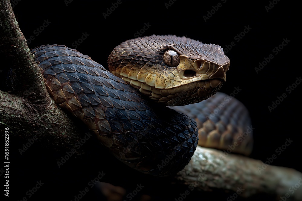 Fototapeta premium Intricate scales and mesmerizing eyes on a venomous snake coiled on a branch, conveying wild power and a dangerous beauty found in nature's wonders