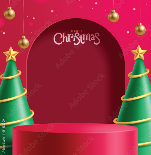 Merry Christmas red podium clipart poster design. Christmas greeting in red paper cut background clip art with platform stage, elegant pine tree and gold hanging balls for Christmas sale banner card 