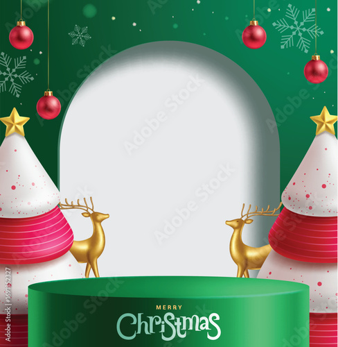 Merry Christmas green podium clipart background design. Green podium with Merry Christmas greeting, cute pine tree, reindeer, red hanging balls and paper cut green background clip art for Christmas 