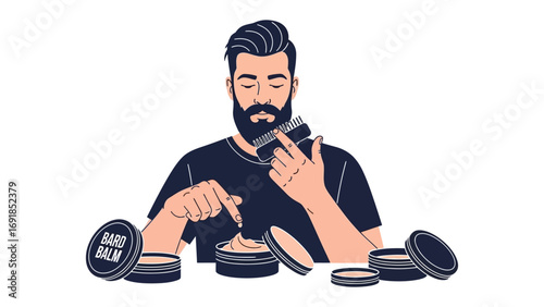 Bearded man applying beard balm or wax with a comb for grooming and styling his facial hair with multiple product containers on a white background