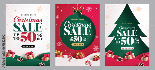 Christmas Sale poster clipart set. Christmas Sale 50% off shopping discount clip art with colorful paper cut style ball, pine tree shape and gift box elements Christmas limited time advertisement 