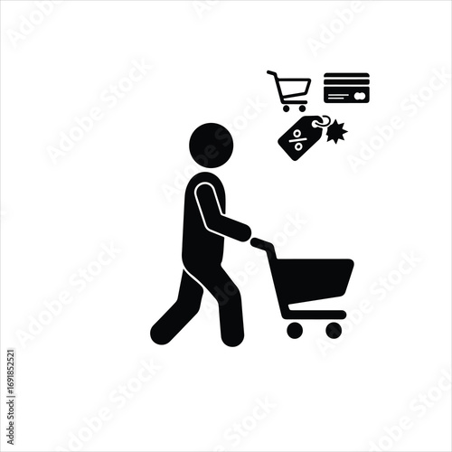 Black silhouette icon of a person pushing a shopping cart with retail symbols.