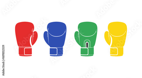 Four colorful boxing gloves displayed in a row showing red blue green and yellow. vector