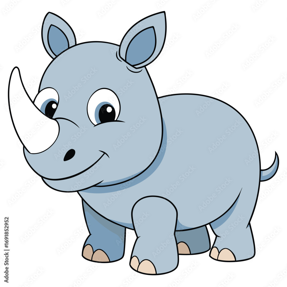 Naklejka premium Cartoon Rhino Illustration, Cute Smiling Rhinoceros on White Background