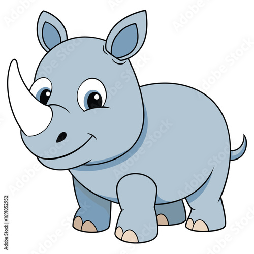 Cartoon Rhino Illustration, Cute Smiling Rhinoceros on White Background