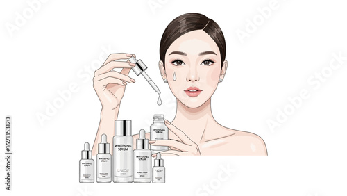 Beautiful young woman applying serum from dropper to her face surrounded by elegant skincare bottles and cosmetic products