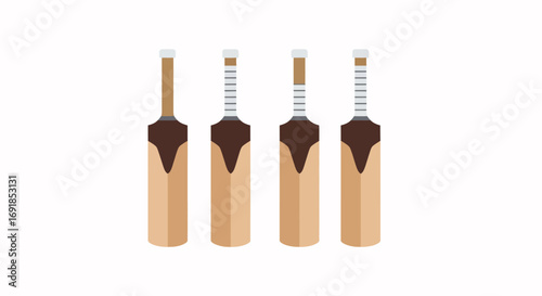 Cricket bats grouped together featuring natural wood grain and red accents on white vector
