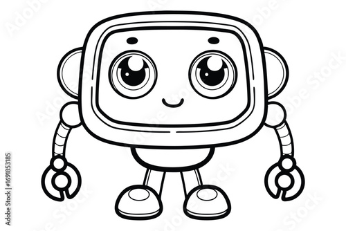 Cartoon Robot Character Displaying Mobile Phone Screen in on White