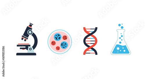 Science icons microscope petri dish dna helix flask for biology medical research and discovery vector