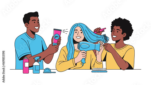 Diverse group of young adults styling hair together with blow dryers and hair products creating a fun and collaborative beauty salon experience