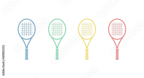 Colorful tennis rackets and golf balls minimalist sports equipment icons set vector