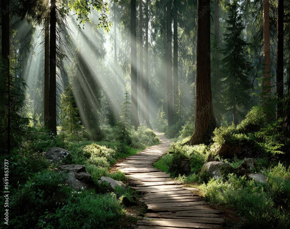 Obraz premium Sunbeams Through the Forest