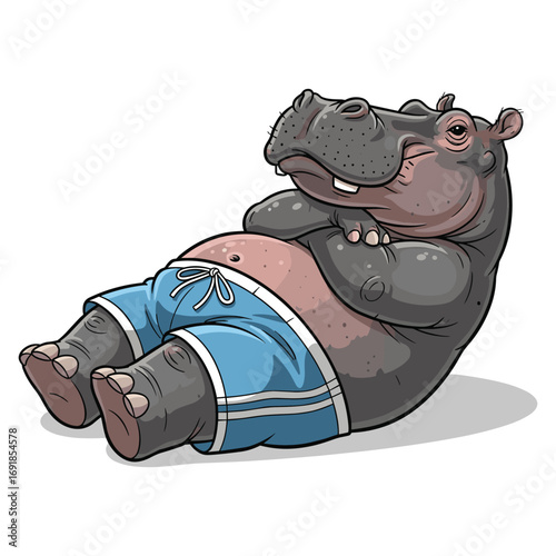 Cartoon Hippopotamus Character Relaxing Wearing Swim Trunks Illustration Graphic Design Art Animal