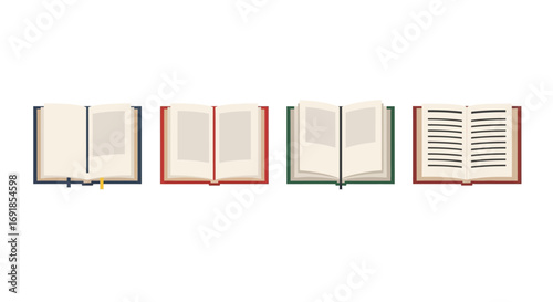 Collection of open books with pages showing text and lines for reading and learning vector