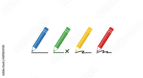Four colorful marker pens lying down in a row with labels below each pen vector