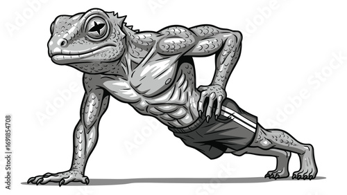Muscular Lizard Doing Push-Ups: Unique Fitness Cartoon Illustration for Creative Projects and Design