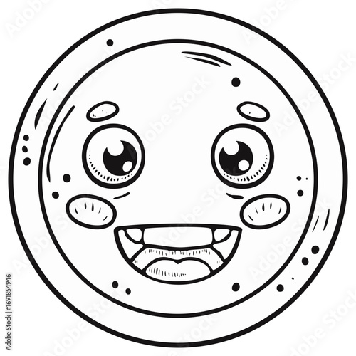 Cartoon Coin with a Smiling Face, Big Eyes, and Fang Teeth -  Black and White Outline Illustration