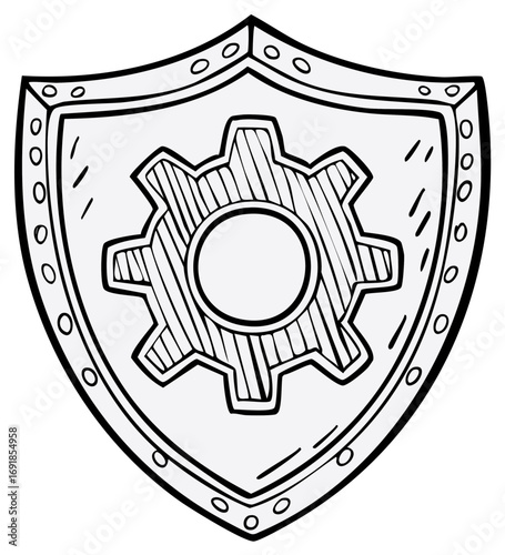 Doodle style shield with gear symbol inside representing defense industry and mechanical protection