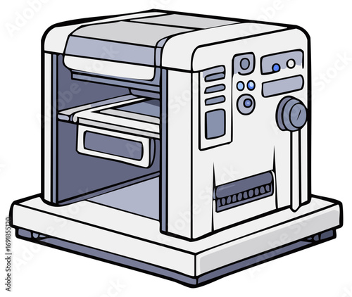 Detailed vector illustration of a modern digital professional inkjet printer with multiple trays on a platform.
