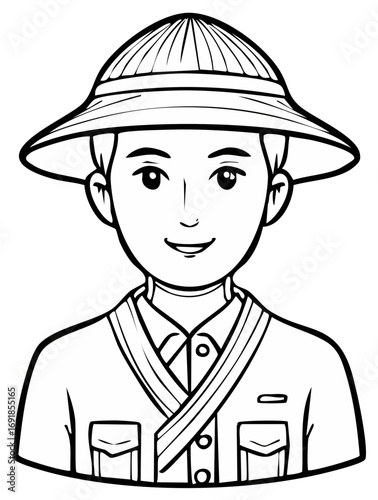 Cartoon man in a pith helmet and uniform smiling, rendered in black outline style, isolated over white background