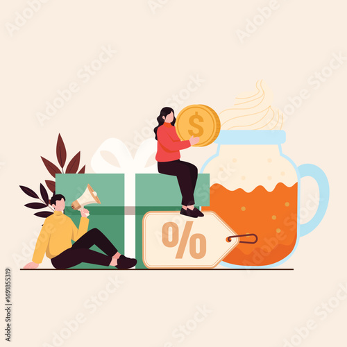 Special offer and sale announcement concept with characters holding a megaphone and a coin next to a large gift and discount percentage tag