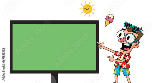 Cartoon Man in Summer Attire Pointing to Green Screen Display