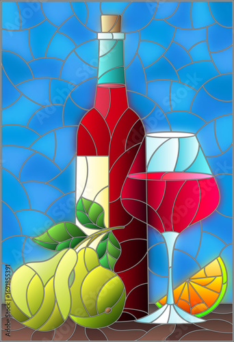 An illustration in the style of stained glass window with still life, bottle of red wine, glass and fruit on blue background