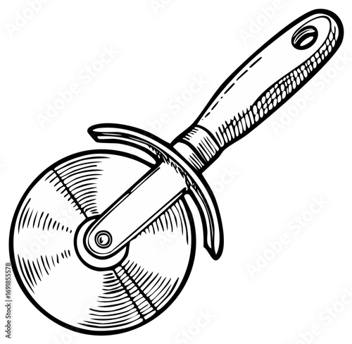 Retro Pizza Cutter Kitchen Tool Engraving Style Outline Drawing Illustration