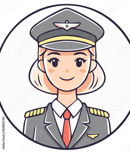 Smiling female pilot in uniform, a professional cartoon character avatar illustration