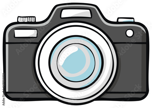 Illustration of a modern style digital camera with a light blue lens and white outline