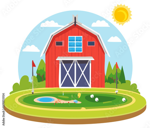 Charming red barn and miniature golf course illustration with obstacles on a sunny day