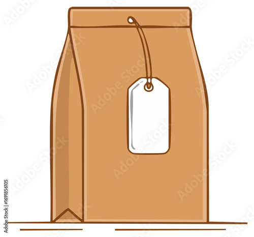 Brown paper shopping bag with a blank gift tag hanging from string