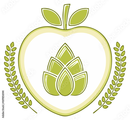 Symbol of hops and apple elements, with wheat ears, for a food or drink concept