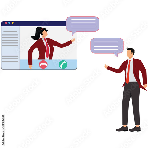 Business team having a video conference call isolated on white background man and woman talking online using computer online meeting and communication concept
