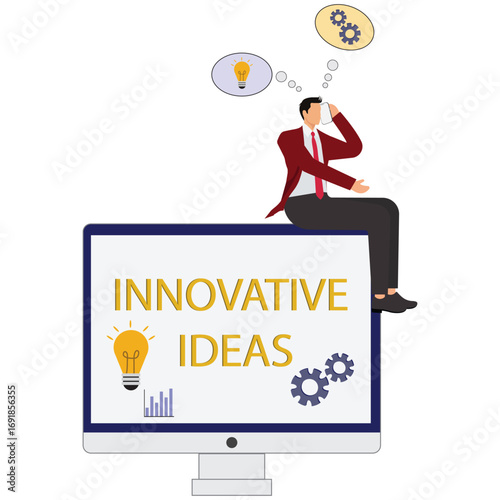 Business man sitting on computer with innovative ideas isolated on white background creative thinking and problem solving brainstorming and inspiration