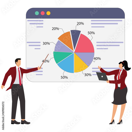 Business team presenting pie chart analysis on screen isolated on white background discussing data insights and making strategic decisions
