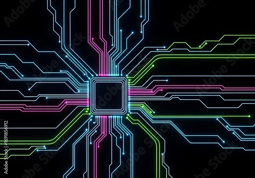 Abstract glowing circuit board design with vibrant neon coloration