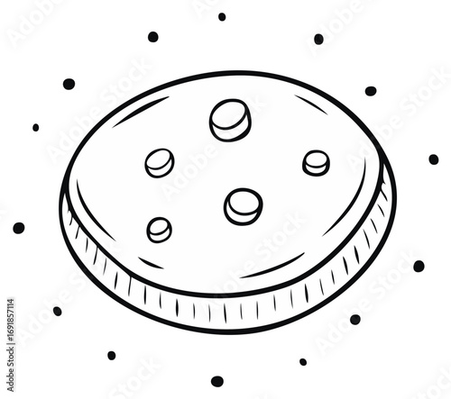 Illustration of a cartoon-style moon with craters and stars orbiting it, in black and white.
