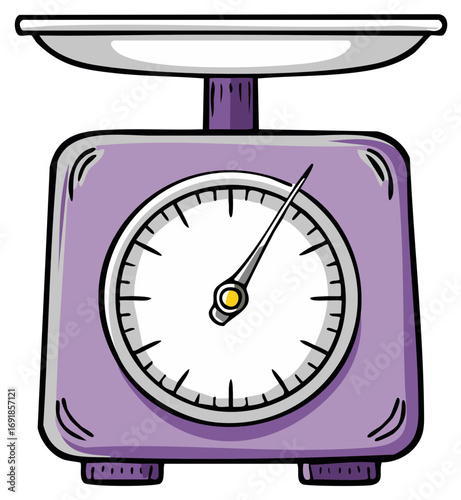 Cartoon style kitchen scale illustration, vintage style, purple color, hand drawn